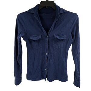 Frank and Eileen Women's Small Navy Cotton Long Sleeves Button Up Shirt READ